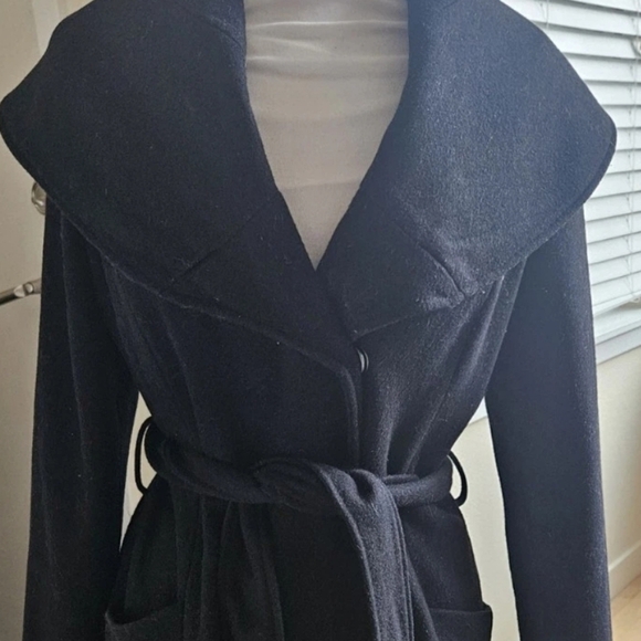 Merona Women's Black Wool Blend Belted Coat Wool Trench Coat Jacket M Versatile - Picture 4 of 10